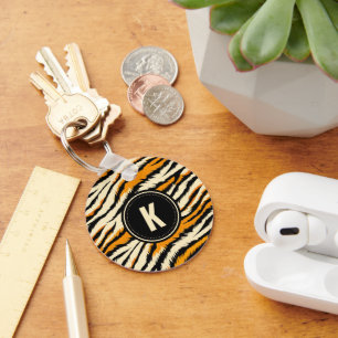 Porte-clés Motif de tigre noir et orange avec monogramme