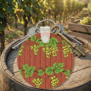 Porte-clés Motif de vigne de raisin vert sur bois rustique