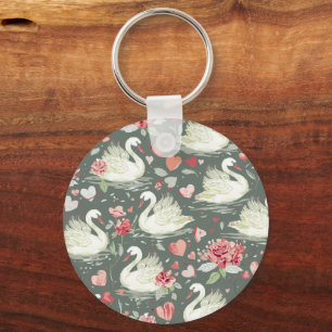 Porte-clés Motif Éléments de Cygnes & Cœurs Élégants Rustique