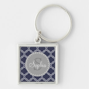 Porte-clés Motif en treillis bleu de la marine monogramme