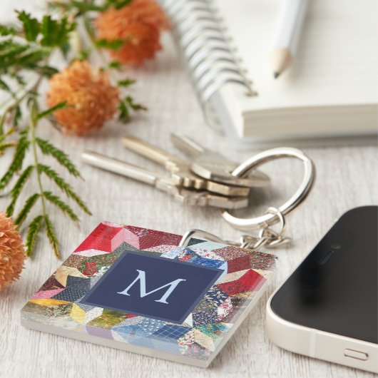 Porte-clés Motif Étoiles Patchwork Découpage Monogramme (Devant Droit)