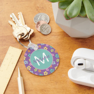 Porte-clés Motif fleur pointillé mignon violet personnalisé