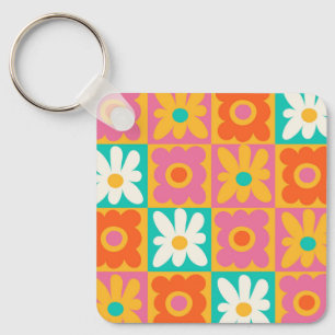 Porte-clés Motif floral à carreaux groovy rétro des années 70