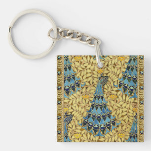 Porte-clés Motif floral au paon bleu Art nouveau vintage