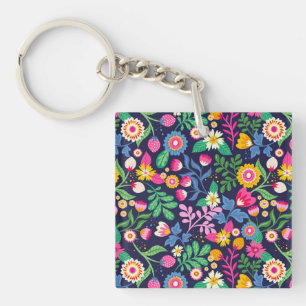 Porte-clés Motif floral exotique peint à la main
