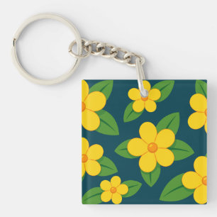 Porte-clés Motif floral jaune vif avec feuilles vertes