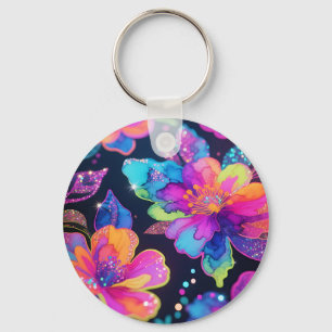 Porte-clés Motif floral pailleté néon