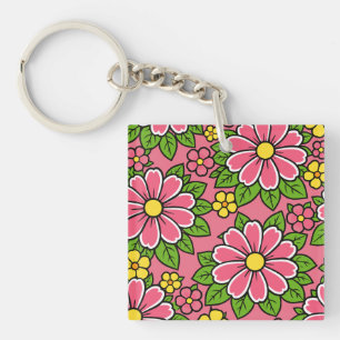 Porte-clés Motif floral rose et jaune avec feuilles vertes
