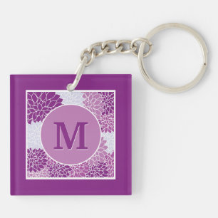 Porte-clés Motif floral violet foncé monogramme