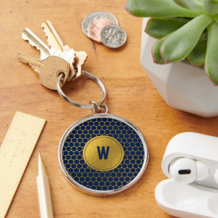 Porte-clés Motif Hexagon bleu marine Monogramme initial