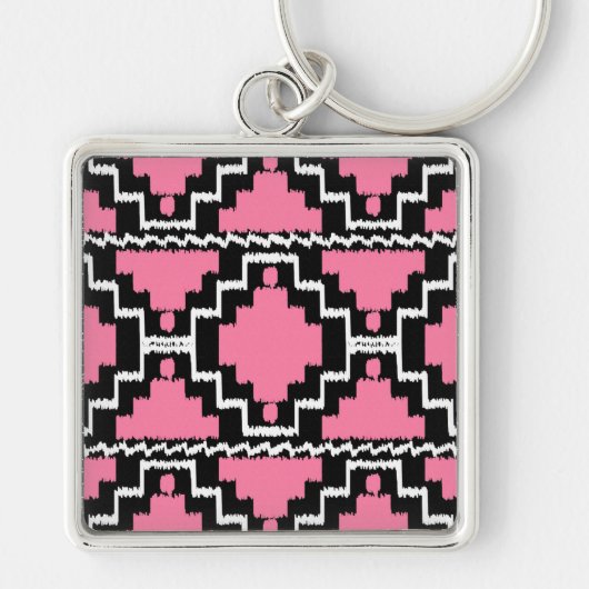 Porte-clés Motif Ikat Aztec - Fuchsia rose, noir et blanc (Devant)
