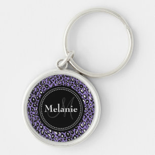 Porte-clés Motif Léopard blanc noir violet monogramme