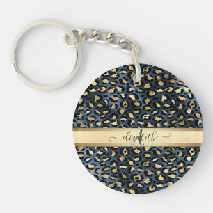 Porte-clés Motif léopard bleu or monogramme