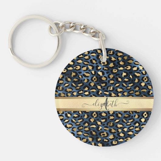 Porte-clés Motif léopard bleu or monogramme (Devant)