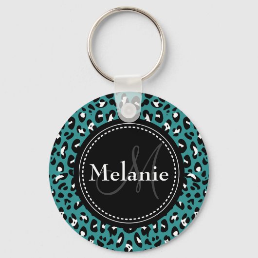 Porte-clés Motif Léopard noir Turquoise monogramme (Recto)