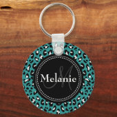 Porte-clés Motif Léopard noir Turquoise monogramme (Recto)