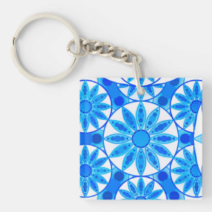 Porte-clés Motif mandala, cobalt, turquoise et blanc