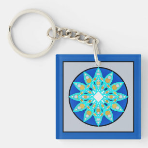 Porte-clés Motif mandala en cobalt, gris et turquoise