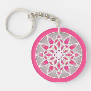 Porte-clés Motif mandala en rose fuchsia, blanc et gris