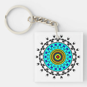 Porte-clés Motif Mandala Floral Sans Couture Cyan Doré Vif