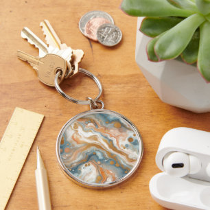 Porte-clés Motif Marbre Orange Pêche Bleu Turquoise Blanc Or