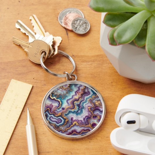 Porte-clés Motif marbre violet améthyste sarcelle bleu or (Bureau)