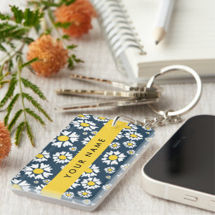 Porte-clés Motif marguerite, marguerites blanches, votre nom