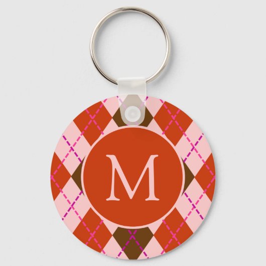 Porte-clés Motif monogramme argyle rouge rose et marron (Recto)