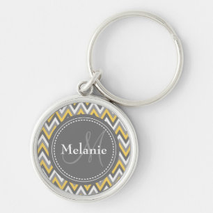 Porte-clés Motif Monogramme Jaune et Gris Chevron