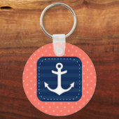 Porte-clés Motif Nautique Coral Polka Ancre Bleue Marine (Recto)