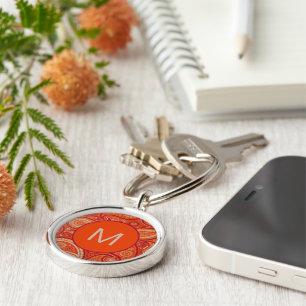 Porte-clés Motif Paisley Orange Orné Monogramme