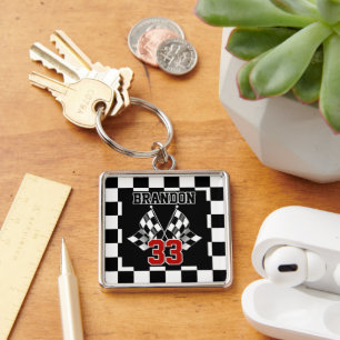 Porte-clés Motif personnalisé de drapeau à damier noir et bla