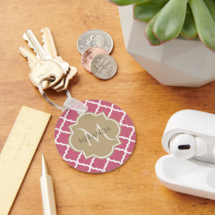 Porte-clés Motif Quatrefoil Rose rose Avec Gros Monogramme Ta