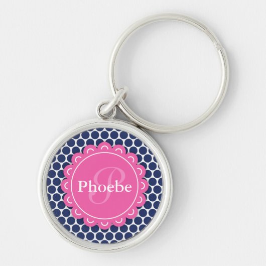 Porte-clés Motif rose moderne Fleur Monogram Blue Polka Dot (Devant)