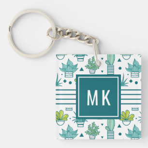 Porte-clés Motif succulent d'aquarelle verte et bleue