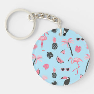 Porte-clés Motif tropical d'été rose et bleu