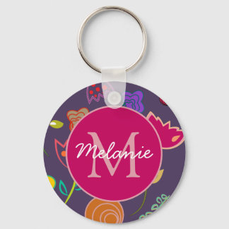 Porte-clés Motif tulipe funky violet personnalisé monogramme
