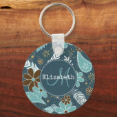 Porte-clés motif turquoise fleuri turquoise en plumes (Recto)