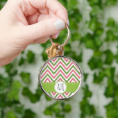 Porte-clés Motif Zigzag, Chevron, Rose, Vert, Monogramme (Main)