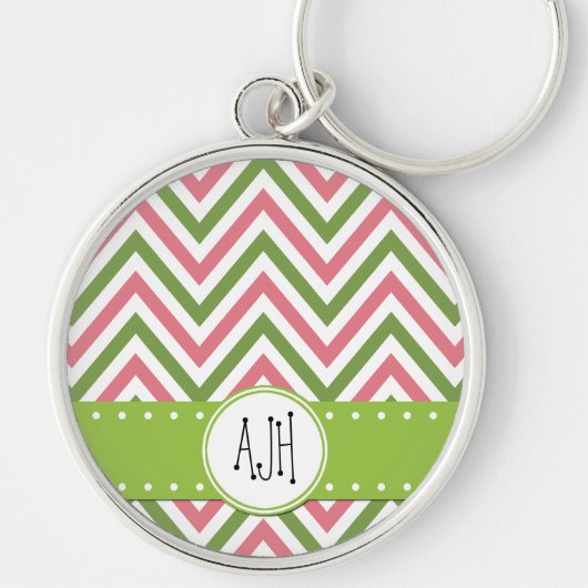 Porte-clés Motif Zigzag, Chevron, Rose, Vert, Monogramme (Devant)