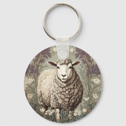 Porte-clés Moutons Élégants Fond de Fleur de Lavande (Recto)