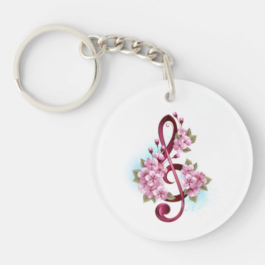 Porte-clés Musical treble clef notes with sakura flowers (Devant)