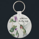 Porte-clés My Wife With Love Hummingbird Button Keychain<br><div class="desc">Give a lovely Ruby Throated Hummingbird keychain to your wife for a birthday, anniversary or any special occasion. This design was created from my original watercolour painting. Perfect for women who love birds, gardens and nature. Enjoy the sight of a peaceful hummingbird fluttering in a garden of flowers. Stylish colors...</div>