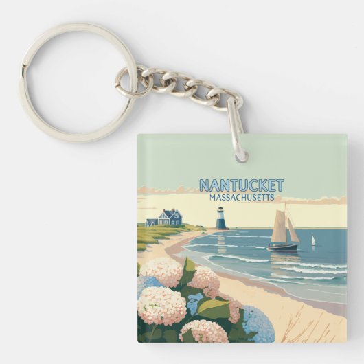 Porte-clés Nantucket Beach Hydrangeas Lighthouse Rétro (Devant)