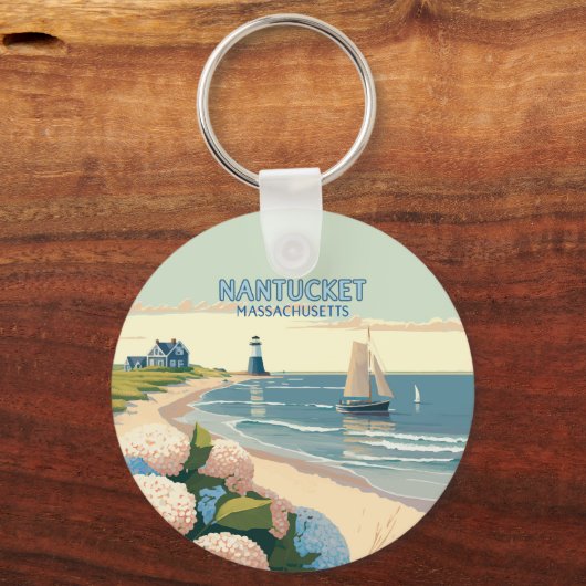 Porte-clés Nantucket Beach Hydrangeas Lighthouse Rétro (Recto)