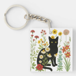 Porte-clés Nature botanique – Chat noir dans un jardin de fle