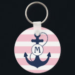 Porte-clés Nautical Anchor with Pink Stripes and Monogram<br><div class="desc">Rose pink nautical stripes with navy blue anchor and monogram.</div>