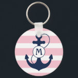 Porte-clés Nautical Anchor with Pink Stripes and Monogram<br><div class="desc">Rose pink nautical stripes with navy blue anchor and monogram.</div>
