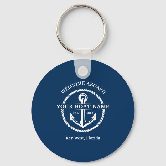 Porte-clés Nautical Navy Blue Welcome Aboard Nom du bateau An (Recto)