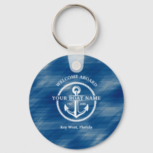 Porte-clés Nautical Navy Blue Welcome Aboard Nom du bateau An